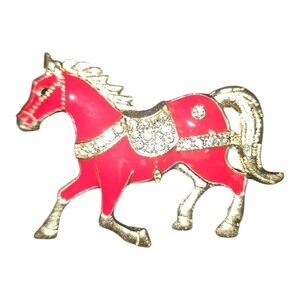Mint Vintage Red Enamel and Gold Horse With Rhinestone Accents Brooch New